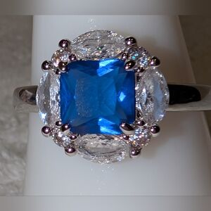 *BP #3658 Sapphire/White Topaz Rhodium Size 9.75 Ring BRAND NEW